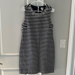J Crew Navy Striped Dress with Embellishment